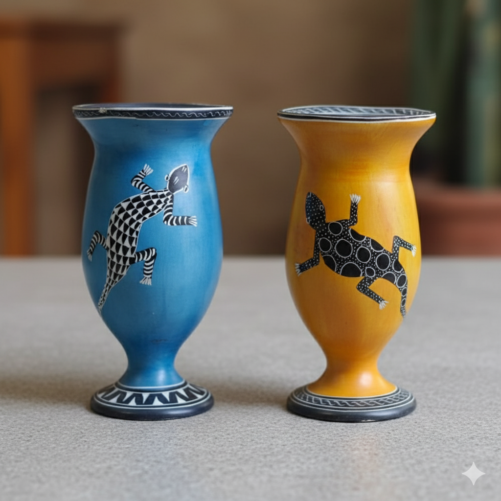 Hand carved blue and yellow soapstone vases with black and white painted lizard designs.