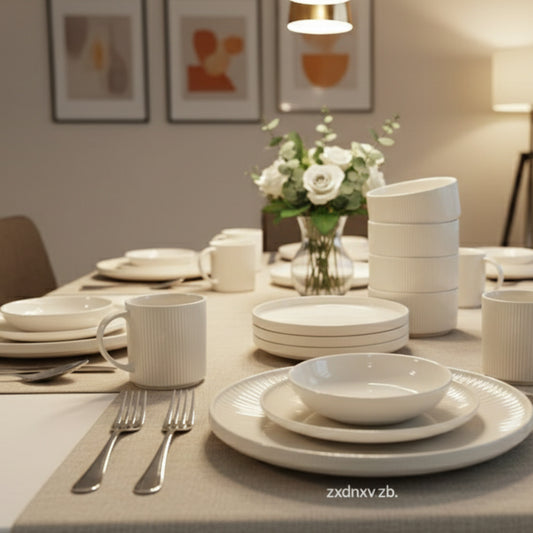 24pcs Ribbed White Ceramic Dinnerware Set