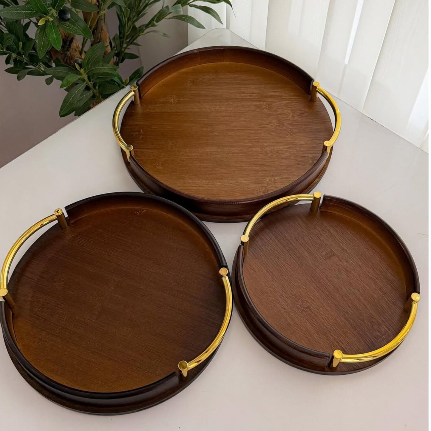 Round Bamboo Serving Trays with Gold Metal Handles
