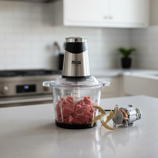 Electric meat grinder food chopper 
DSP KM4107 3.0L electric food chopper with a silver motor unit, glass bowl, and gold-plated six-leaf blades
