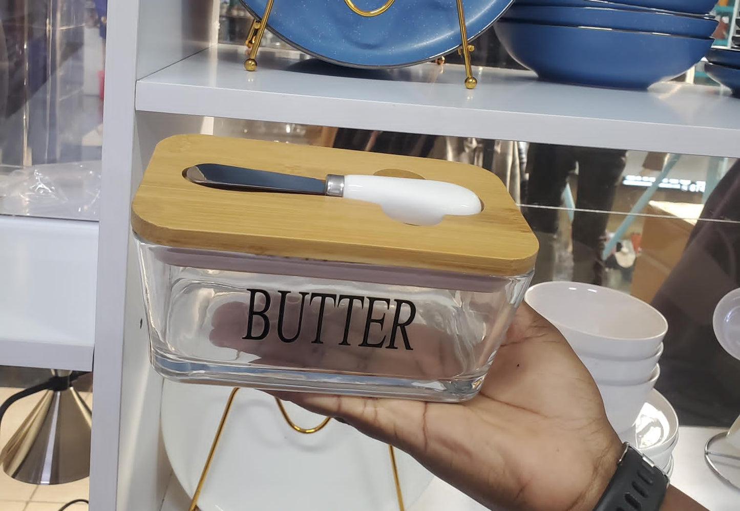 Transparent glass butter dish