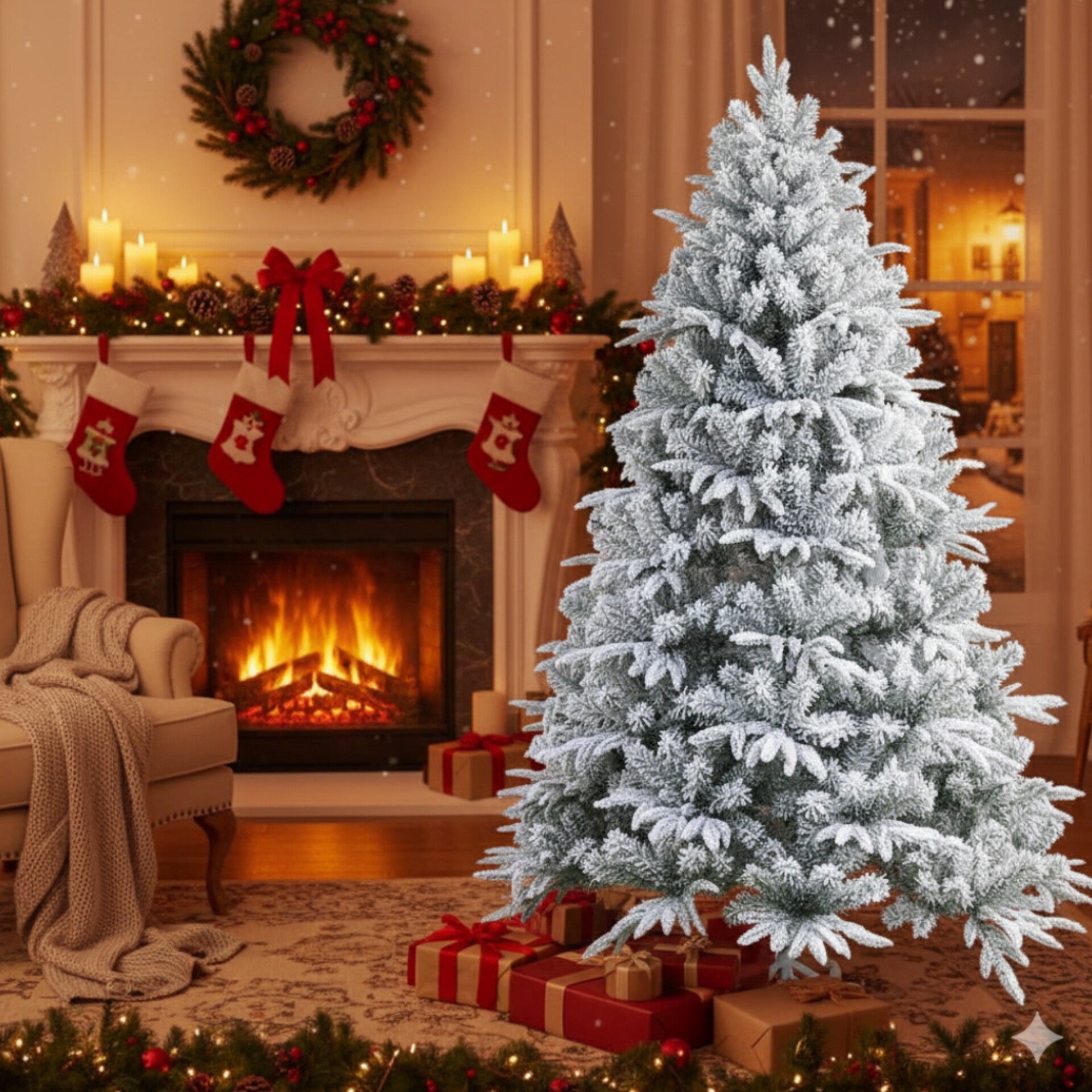 Tall, dense, 10-foot snow flocked artificial Christmas tree