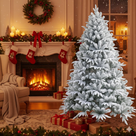 Tall, dense, 10-foot snow flocked artificial Christmas tree