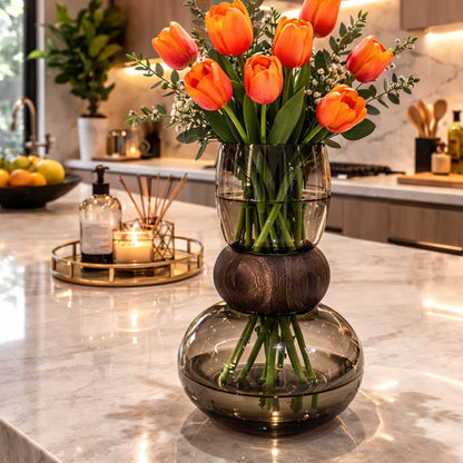 Dark Glass Vase with Wooden Ring
