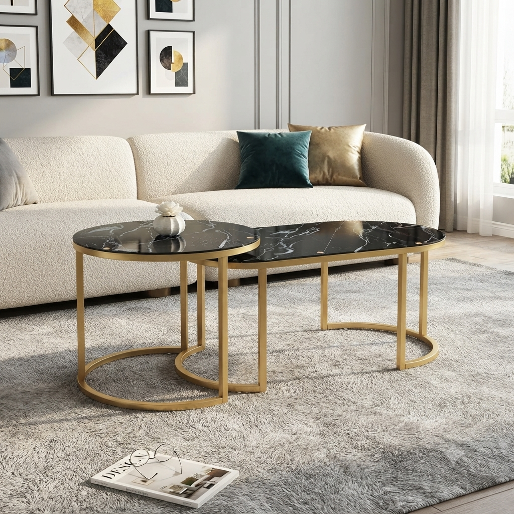 2 in 1 Glass Marble Effect Nesting Coffee Table