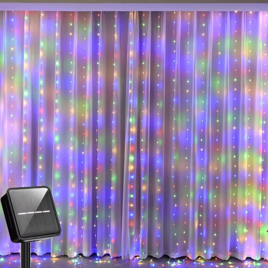 3*3M 300 Solar Christmas Outdoor Curtain Lights With Remote And Hooks