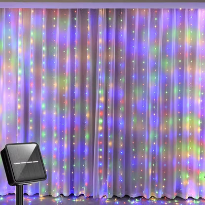3*3M 300 Solar Christmas Outdoor Curtain Lights With Remote And Hooks