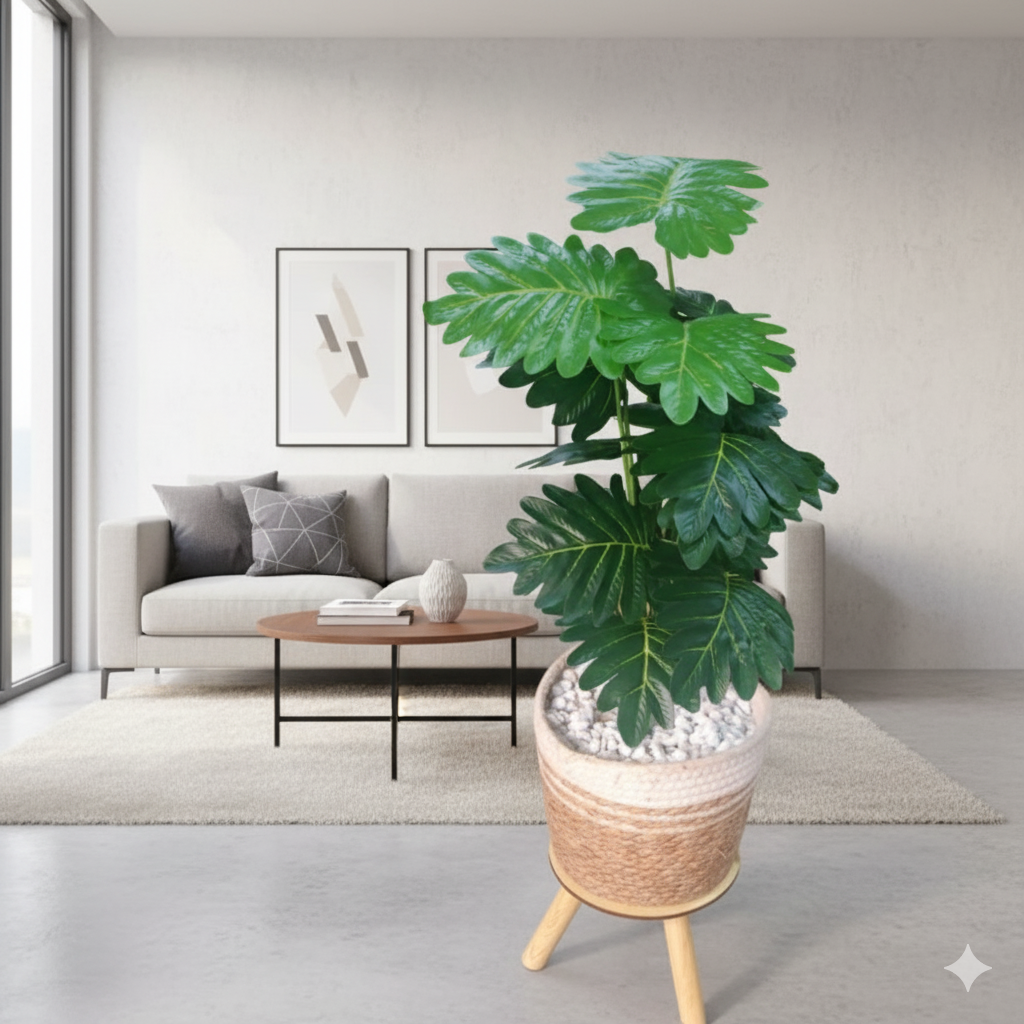 Artificial plant decor with woven basket and pebbles