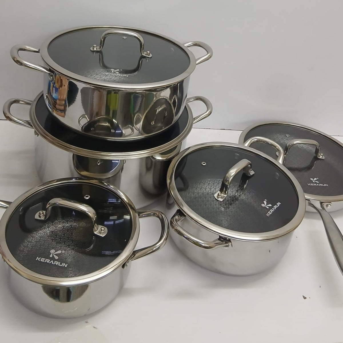 10Pcs Trippy Stainless Steel Cookware Set With Hammered Patterned Design