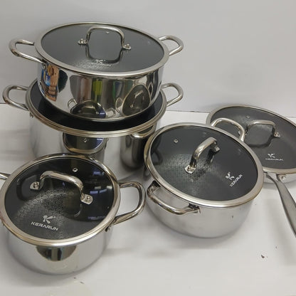 10Pcs Trippy Stainless Steel Cookware Set With Hammered Patterned Design