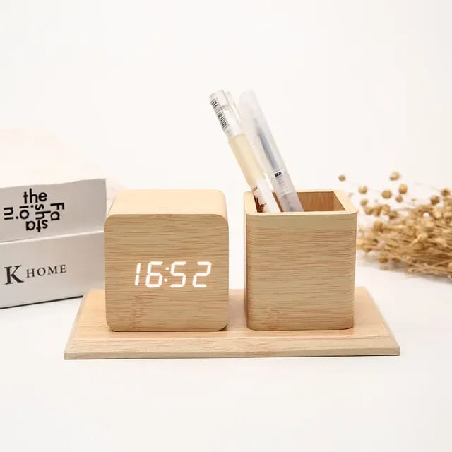 Digital LED Wooden Clock and Stationary Desk Organizer Set