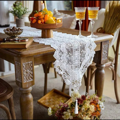 White lace table runner with tassels