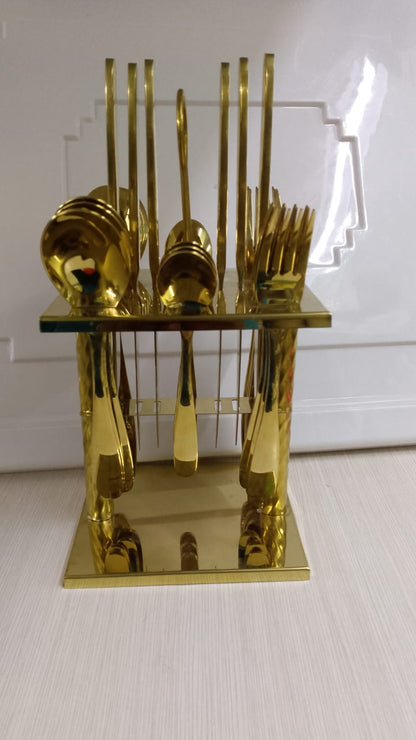 24Pc square gold cutlery set