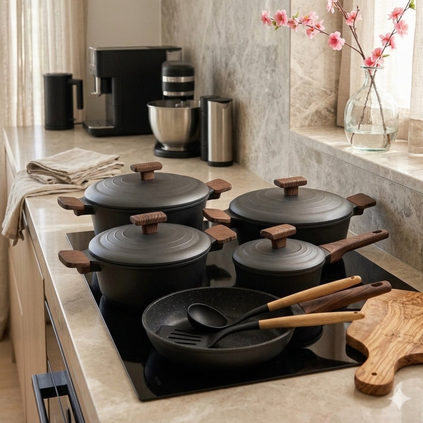 15pcs Cookware Pot and Pan Set with Aluminium Lids