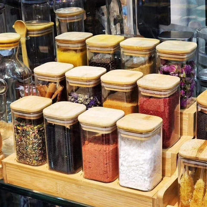12pc square glass spice jar set with a wooden bamboo stand