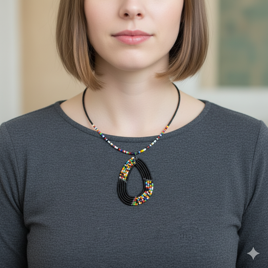 Large black beaded teardrop necklace with colorful bead accents.