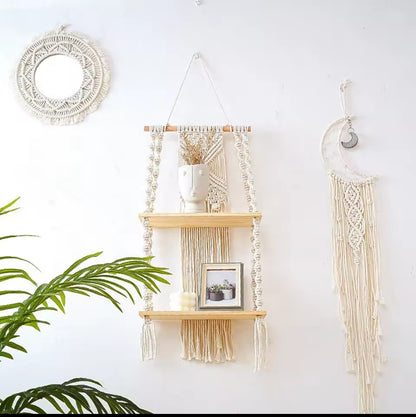 2 Tier Bohemian Woven wall hanging Floating shelves