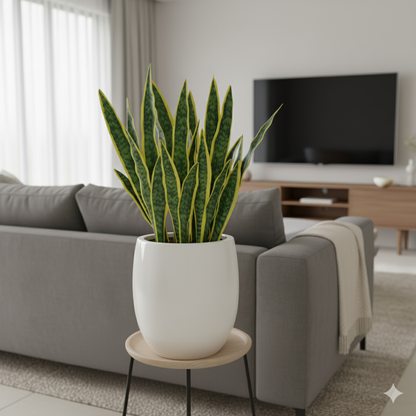 Artificial Snake Plant with yellow-edged
leaves in a tall, round white pot