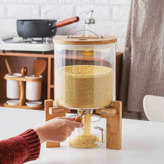 Clear glass cereal and grain dispenser with a bamboo lid and stand Rice dispenser 