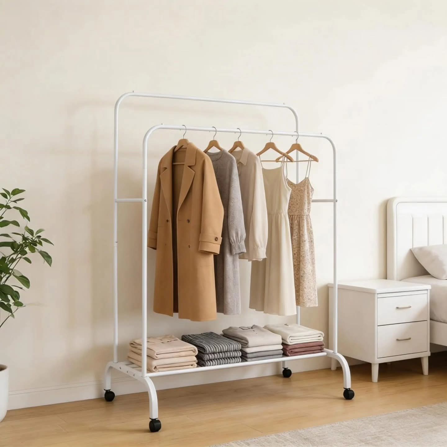 Double Pole Clothing Rack with Wheels and Lower Storage Shelf