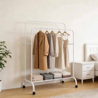 Double Pole Clothing Rack with Wheels and Lower Storage Shelf