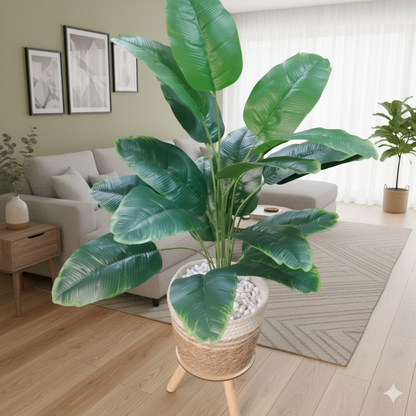 Artificial plant decor with woven basket and pebbles