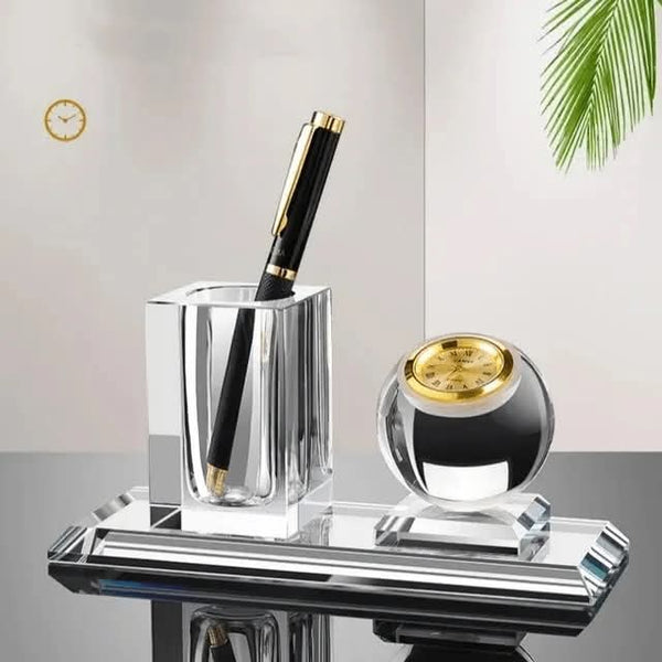 Crystal Glass Desk Organizer with Clock