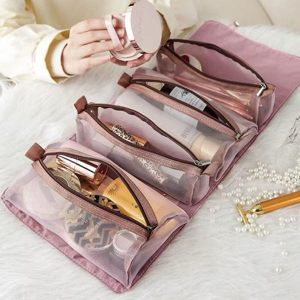 Foldable Roll-Up Travel Makeup Bag with Detachable Mesh Pouches gha