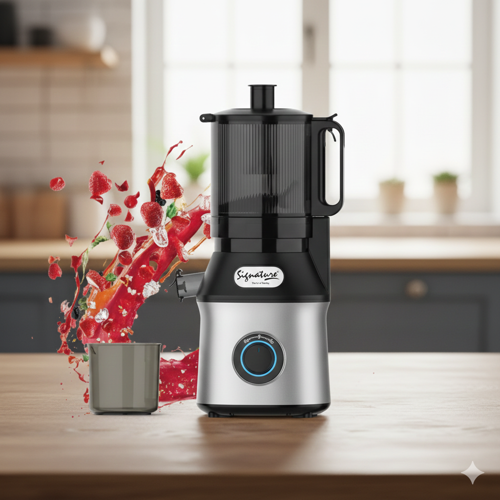 Signature brand 300W slow juicer model SG-218K with large chute, black and silver finish.