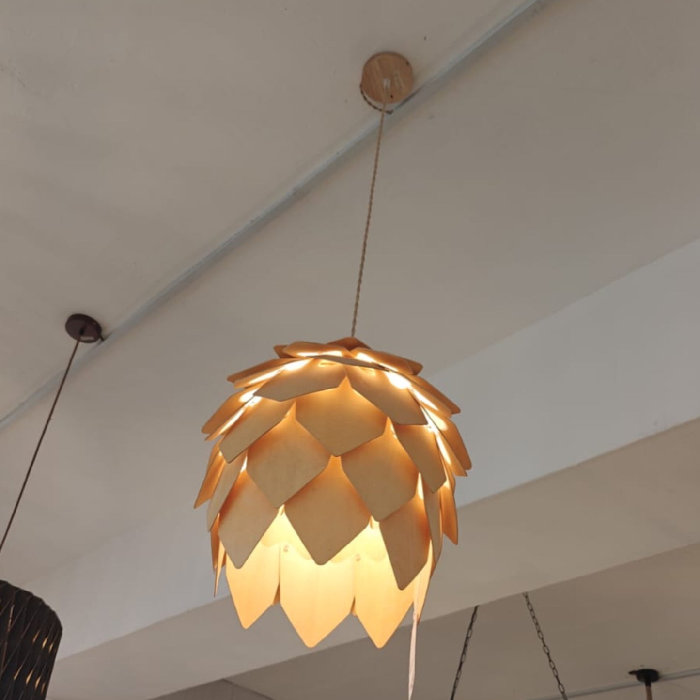 Decorative pendant light hanging from a ceiling.