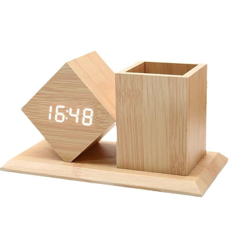 Digital LED Wooden Clock and Stationary Desk Organizer Set