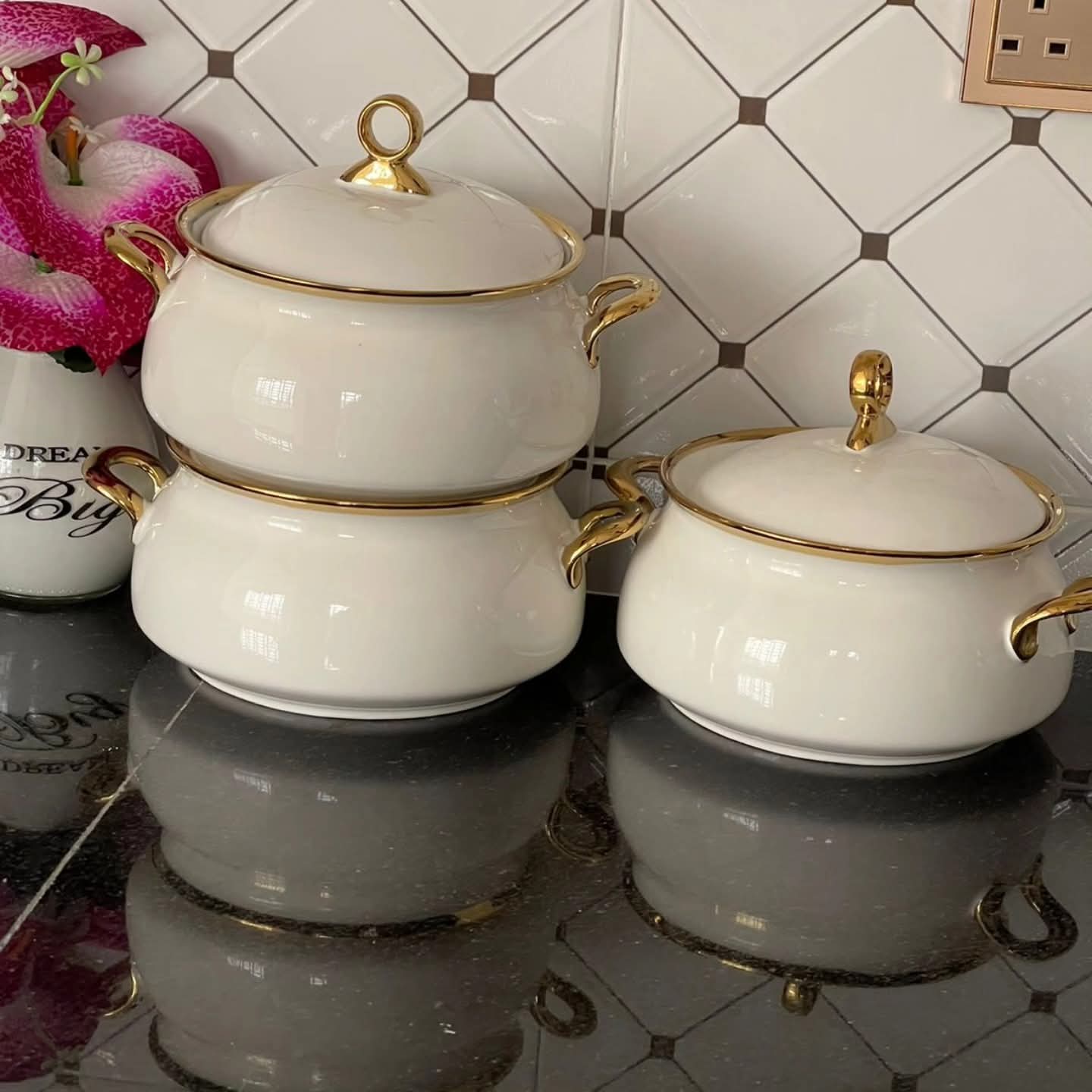 3Pc Gold Line Ceramic Serving Dish Set