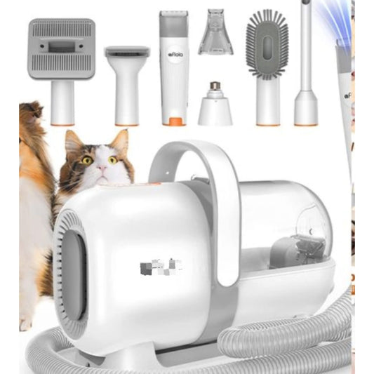 White and grey low noise pet grooming vacuum cleaner with a large clear collection canister and six interchangeable grooming and trimming accessories