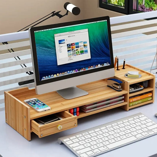 Bamboo monitor stand riser with desk storage organizer