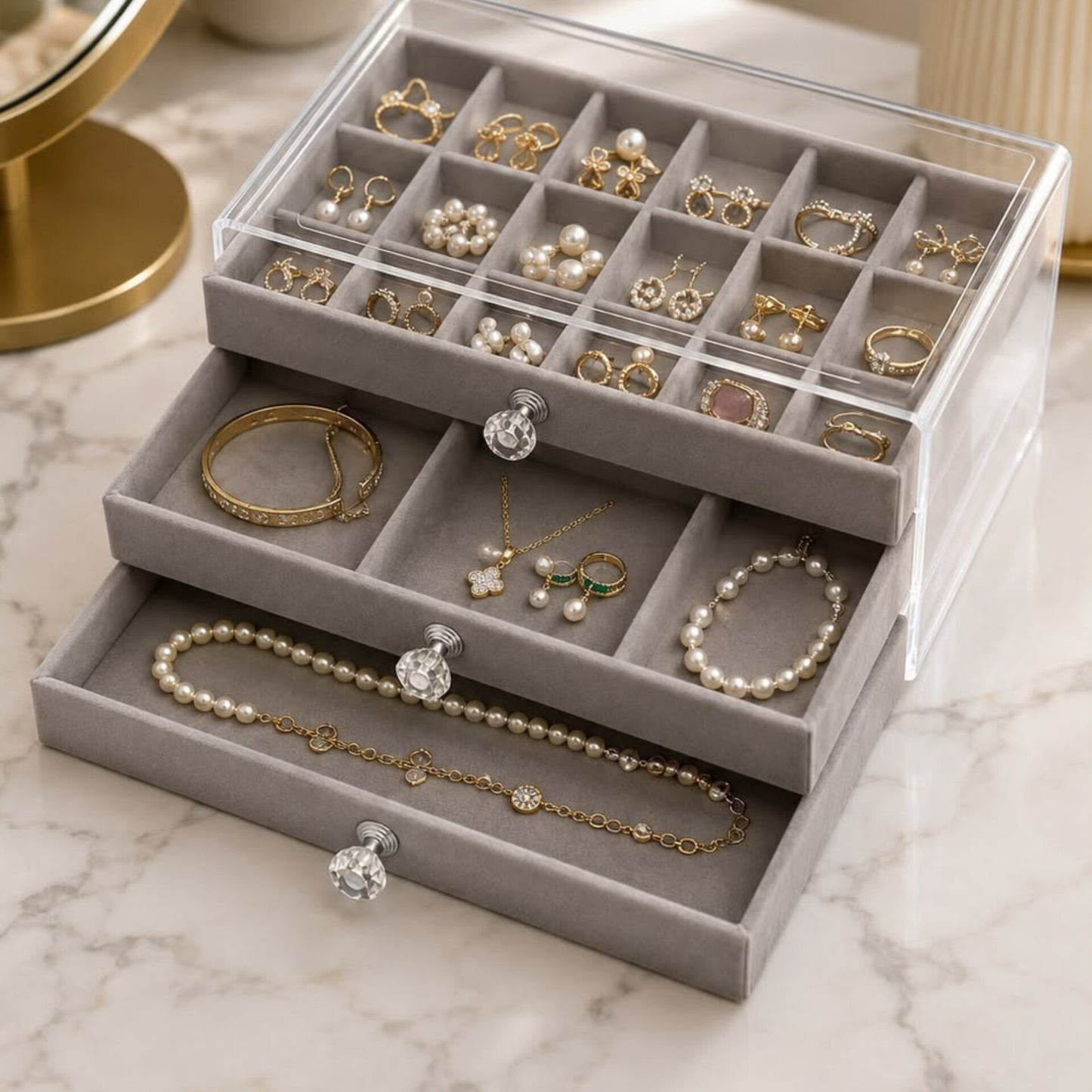 Transparent Acrylic Jewelry Organizer Box with Flannel Lining