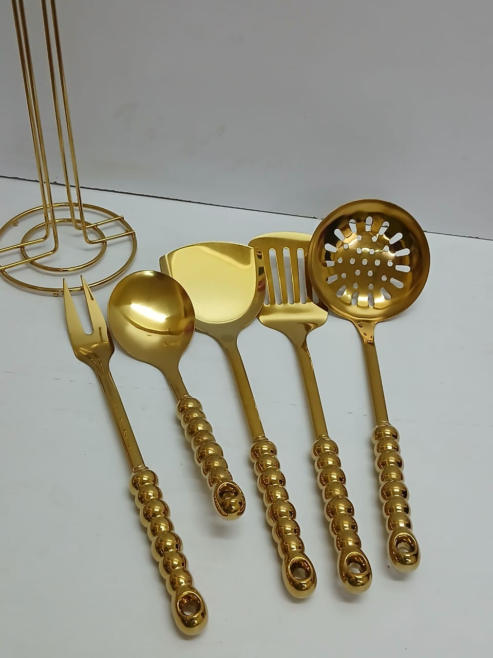 6 Pc gold serving spoon set with stand