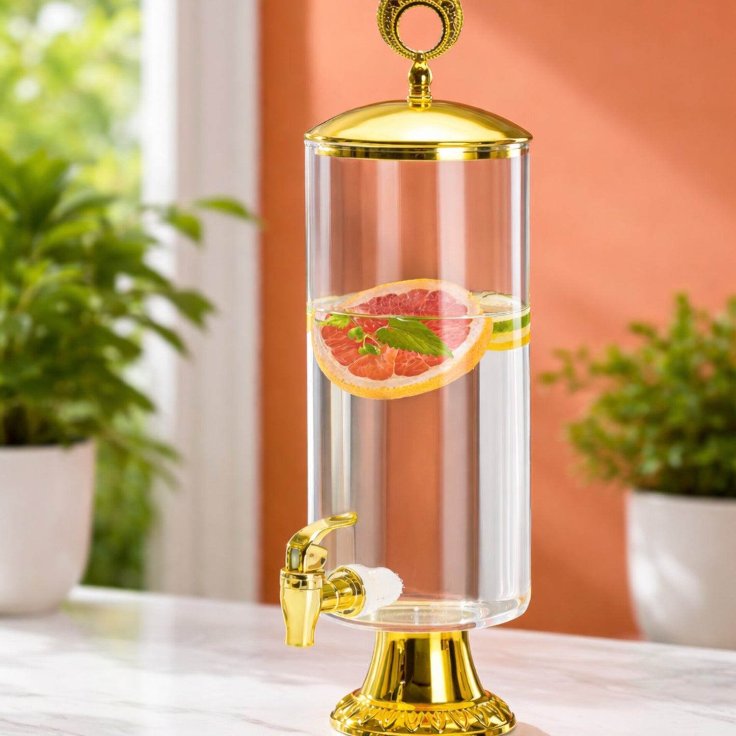 Glass Beverage Dispenser with Gold Accents