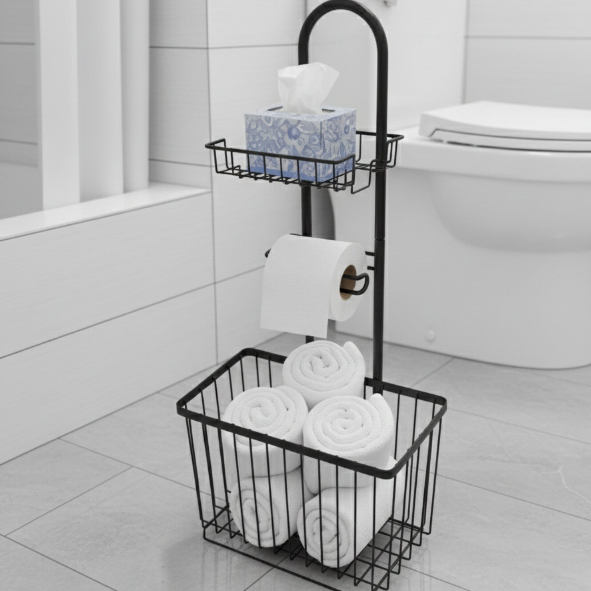Black metal 3-in-1 freestanding bathroom caddy