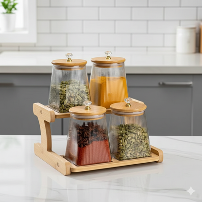 Set of glass jars with wooden lids and bamboo stand