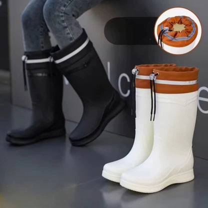 Drawstring Mid Tube Waterproof Fleece Rain Boots