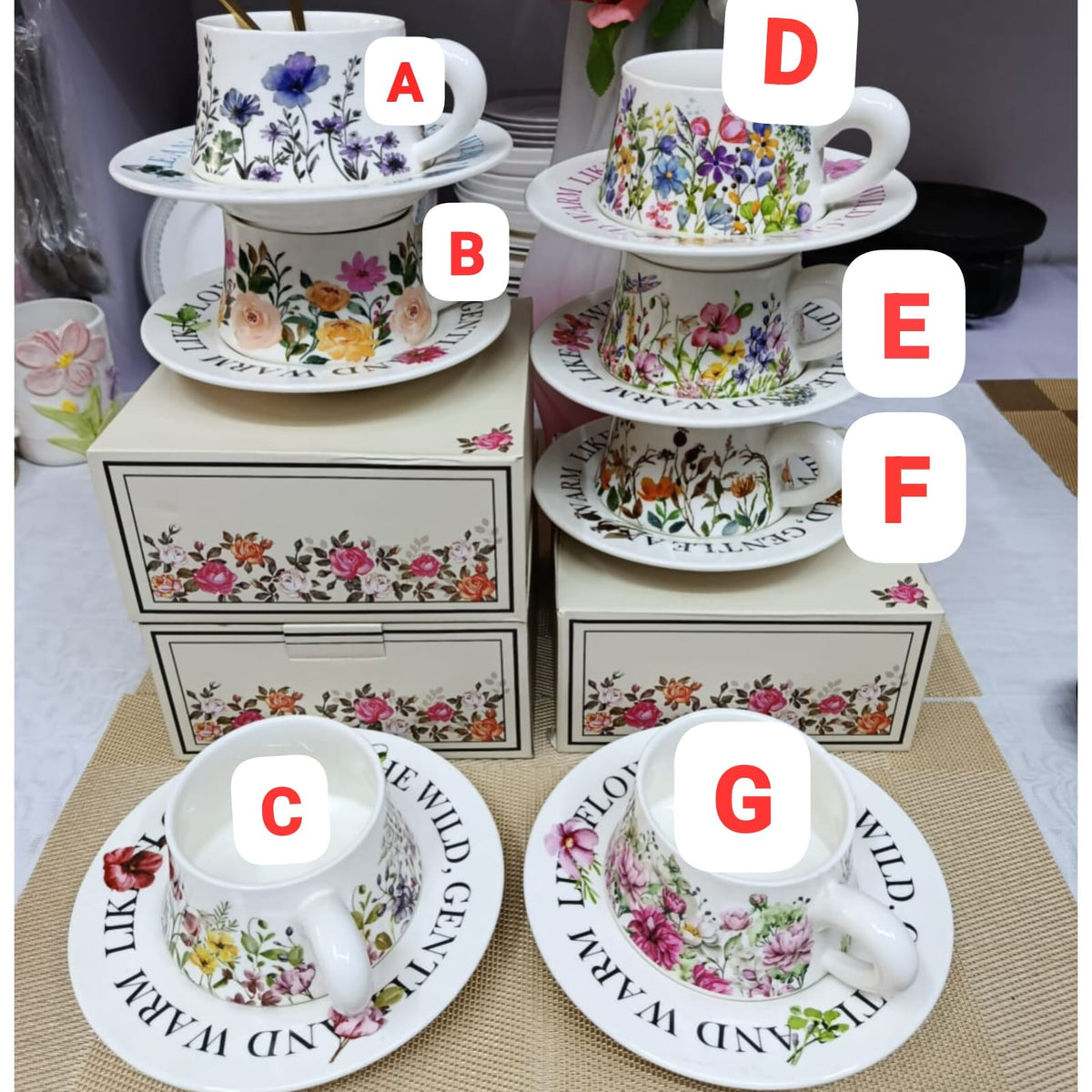 300ml  Flower Ceramic Coffee Cup and Saucer Set