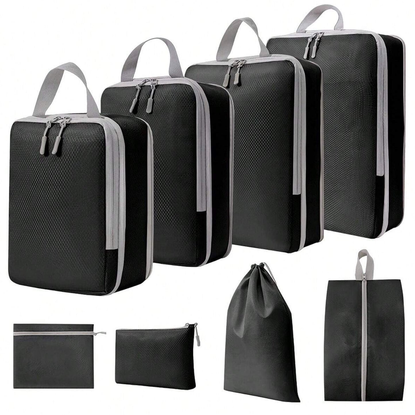 Seven travel luggage organizers, including four compression packing cubes