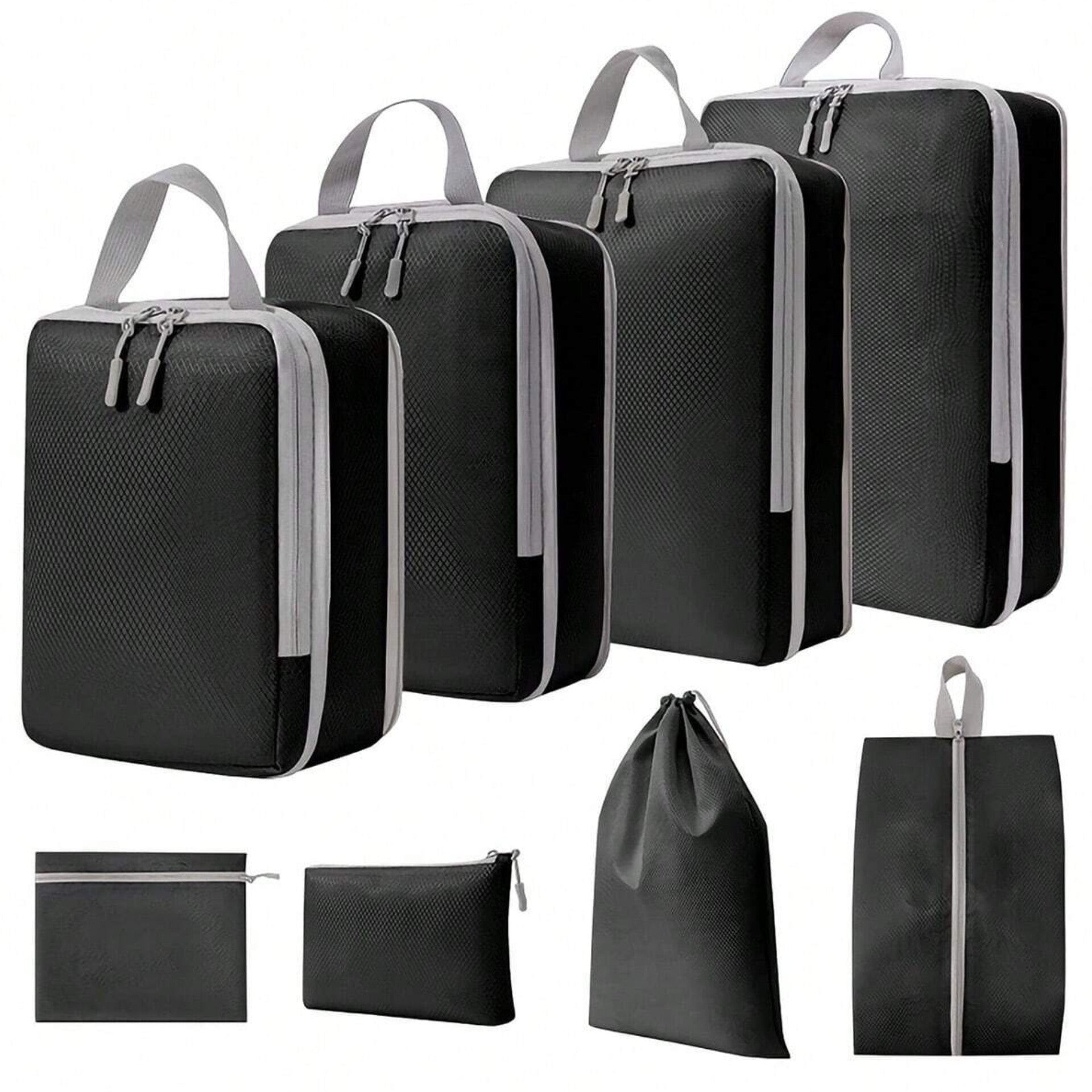 Seven travel luggage organizers, including four compression packing cubes