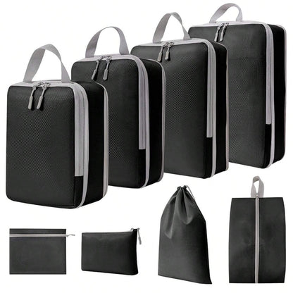 Seven travel luggage organizers, including four compression packing cubes