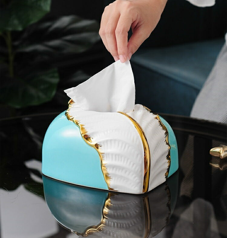 Luxury Ceramic Tissue Box Cover with White and Gold Leaf Design
