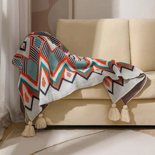 Bohemian Knitted Throw Blanket with Tassels