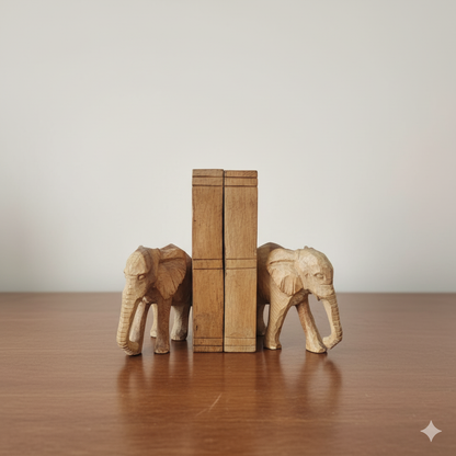 Pair of hand-carved wooden elephant bookends