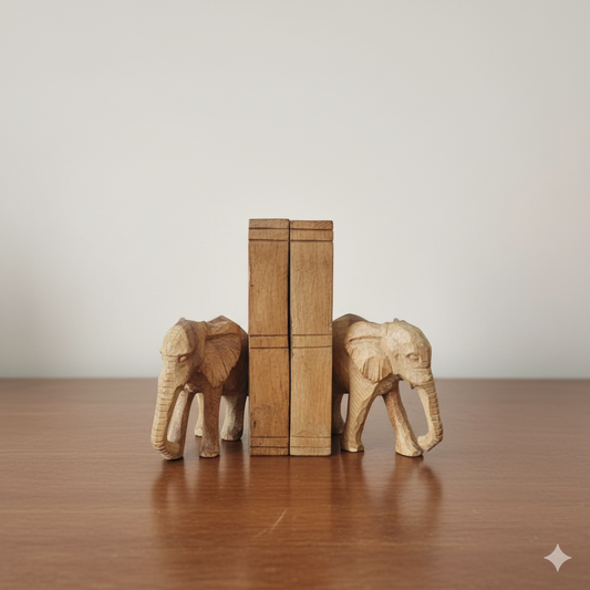 Pair of hand-carved wooden elephant bookends