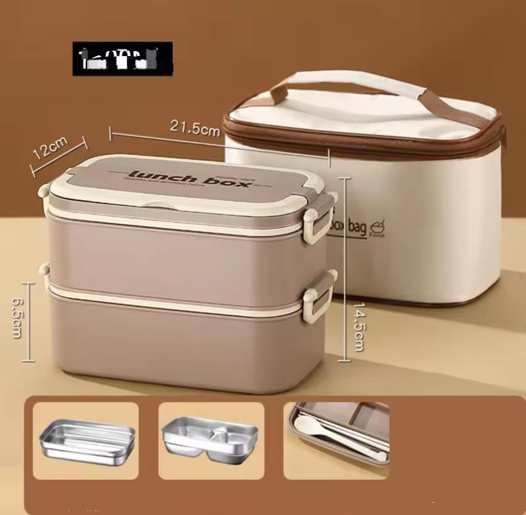 Double layer stainless insulated lunch box with lunch bag