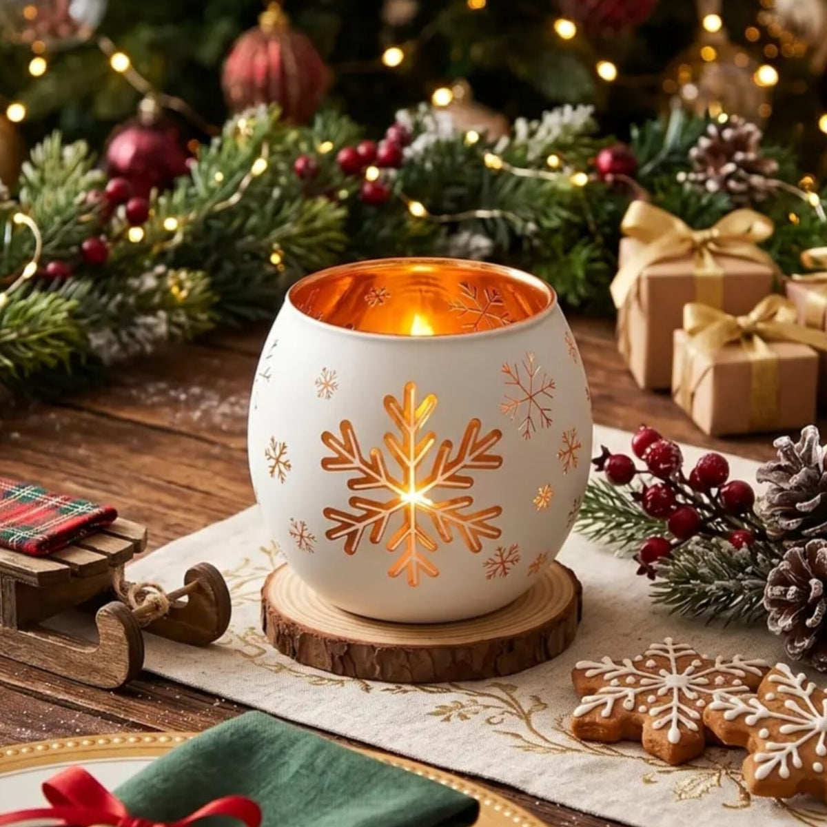 2Pc Christmas Glass Snowflake Tealight Candle  Holders Set Gha